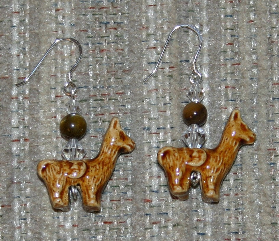 Peruvian llama bead earrings with Swarovski crystals and Tiger Eye Bead