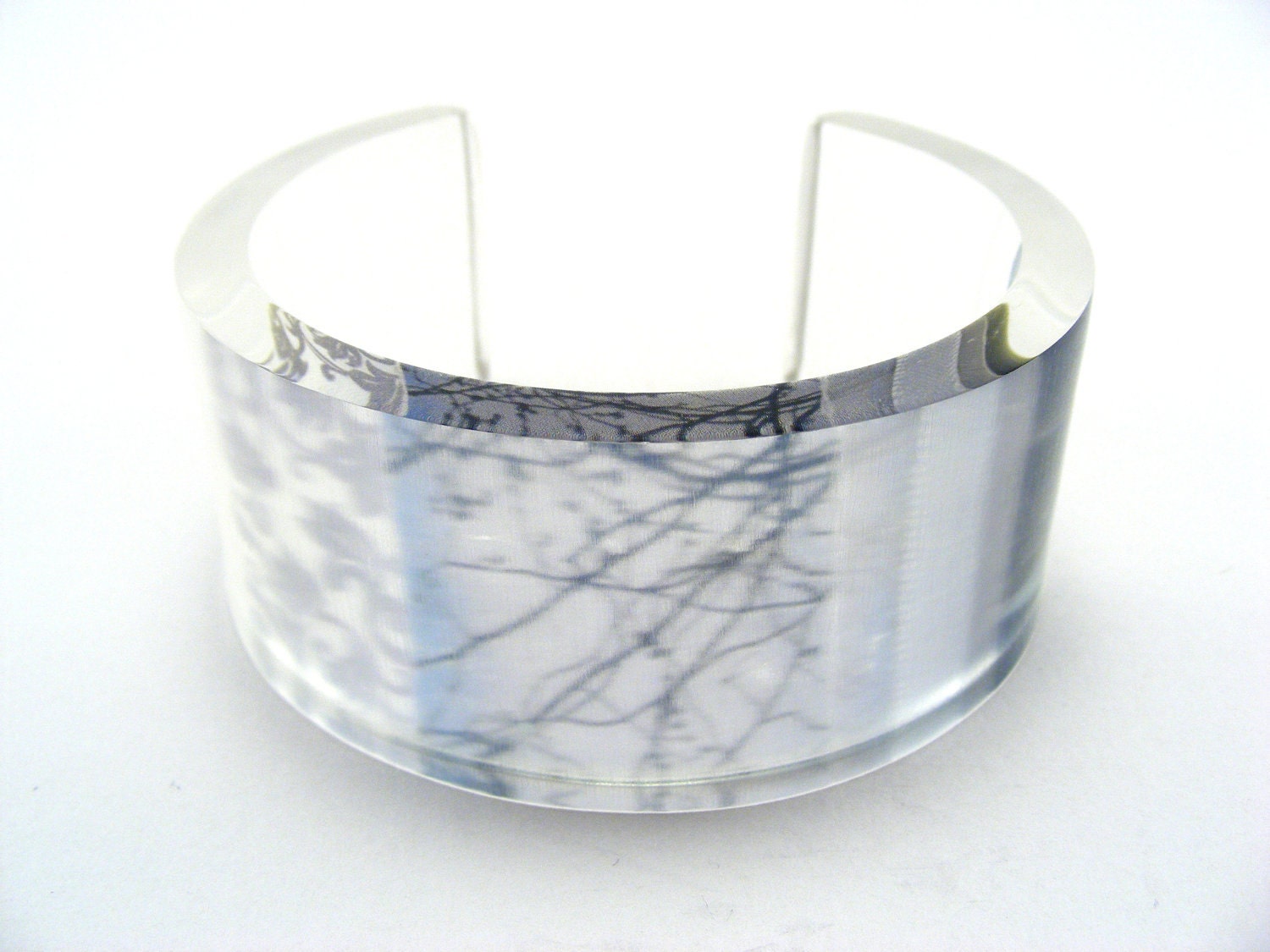 Acrylic Bangle Summer Blue Grey Pastel Plastic Cuff with Tree Collage, -Sample- Acrylic Handmade Bracelet - JessicaSherriff