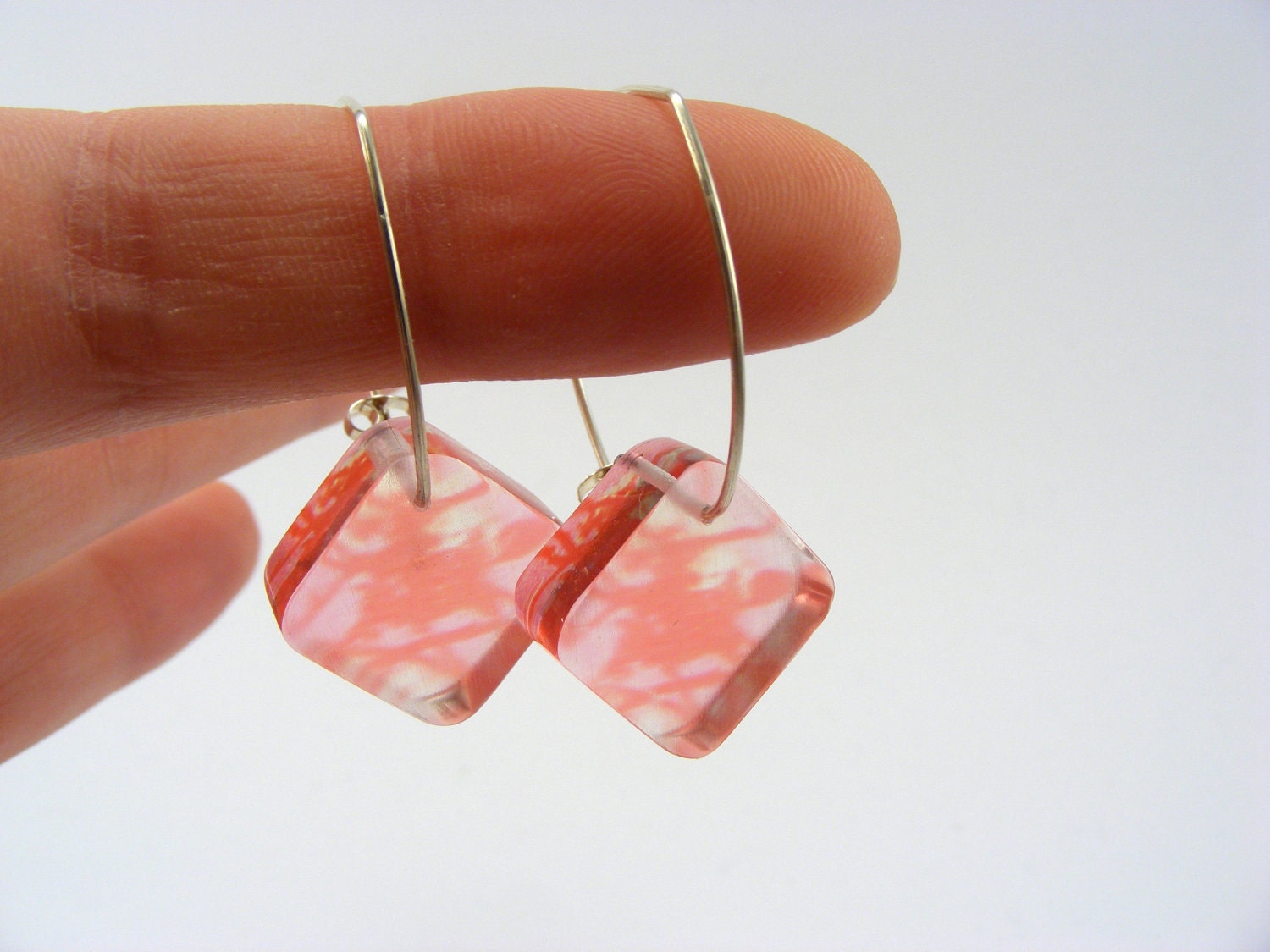 Perspex Earrings Diamond Shape, Pink Blossom Handmade Acrylic Sterling Silver wires Special Offer