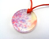 Lucite Necklace with Flower Pattern,  Red Cord with Circle Plastic Pendant Sample 2nd Sale