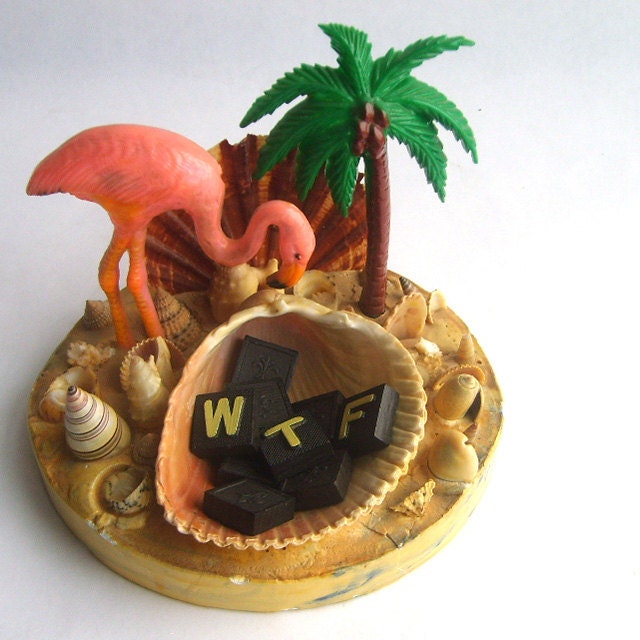 Tropical Kitsch Dish. Flamingo and Plaster and Seashells. Tacky Galore