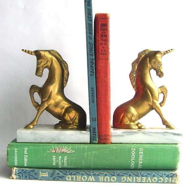 Solid Brass and Marble Unicorn Bookends