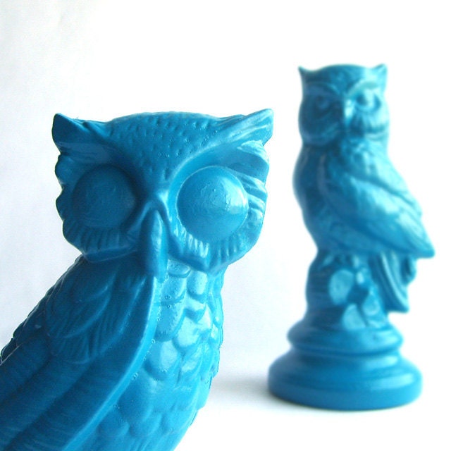 Pair of Upcycled Teal Blue Vintage Ceramic Owls