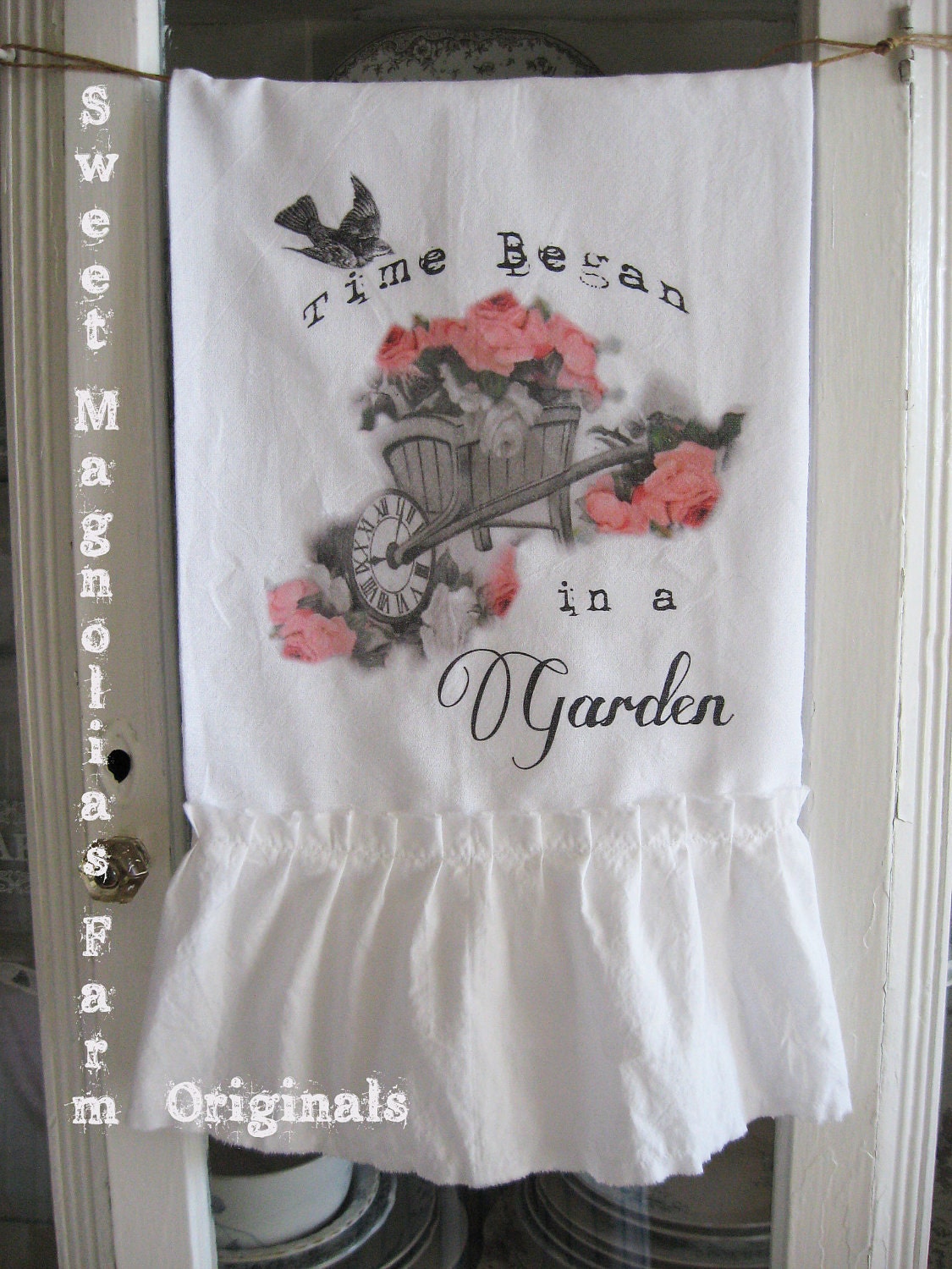 Flour Sack Kitchen Towel ...Shabby Cottage Garden Wheelbarrow with Roses ...for your Home, Farmhouse or Cottage