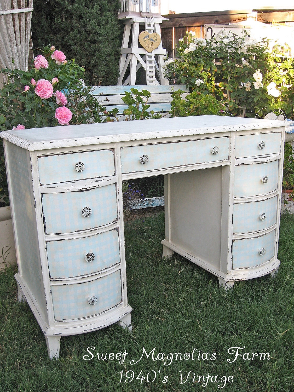Vintage 1940's Desk or Vanity - Handpainted Aqua and White Check - Gingham - Bow Front Drawers - So Charming