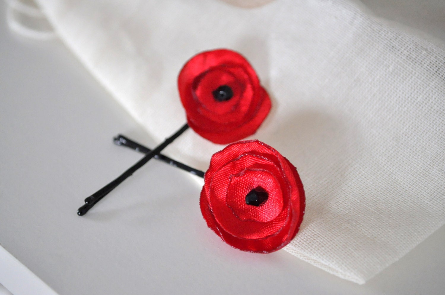 Crimson Red Poppy Hairpins - made to order