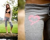 HEART SKULL Recycled Eco Crop Pants (fluo pink graphic on eco heather grey yoga pants)