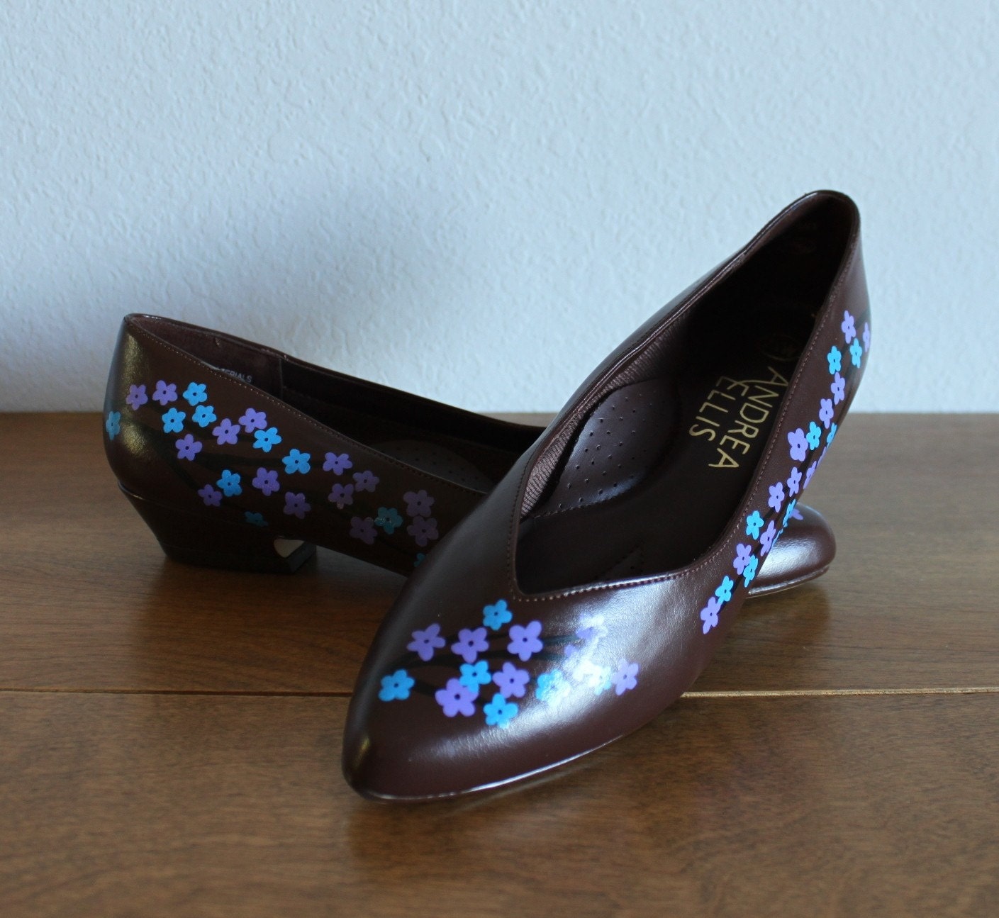 Spring-VINTAGE brown FLATS with hand painted cherry blossoms