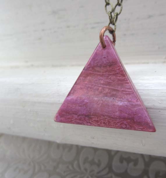 Pink triangle pendant - upcycled resin bohemian necklace