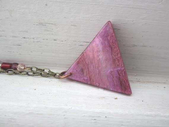Upcycled pink pendant - triangle shape resin bohemian necklace