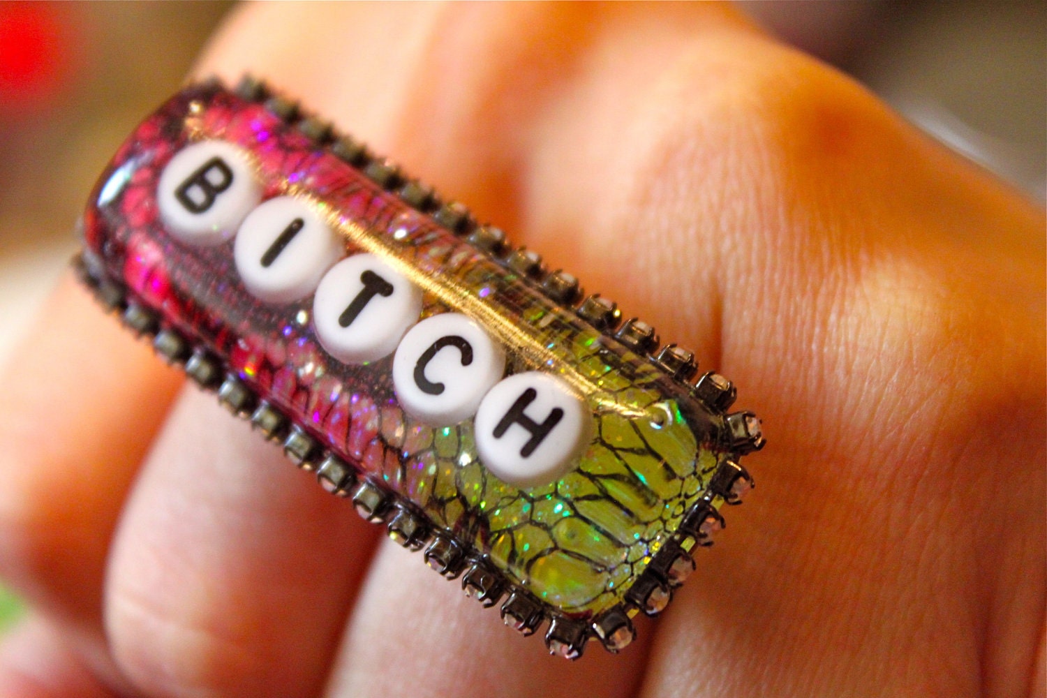 MATURE CONTENT Bitch Knuckle Duster Two Finger Lace and Neon Pink and Yellow Glitter Resin Ring