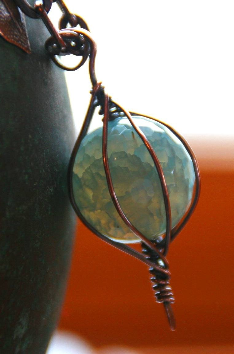 Spring Clearance - Caged Blue Lace Agate Copper Pendant with Heavy Copper Chain