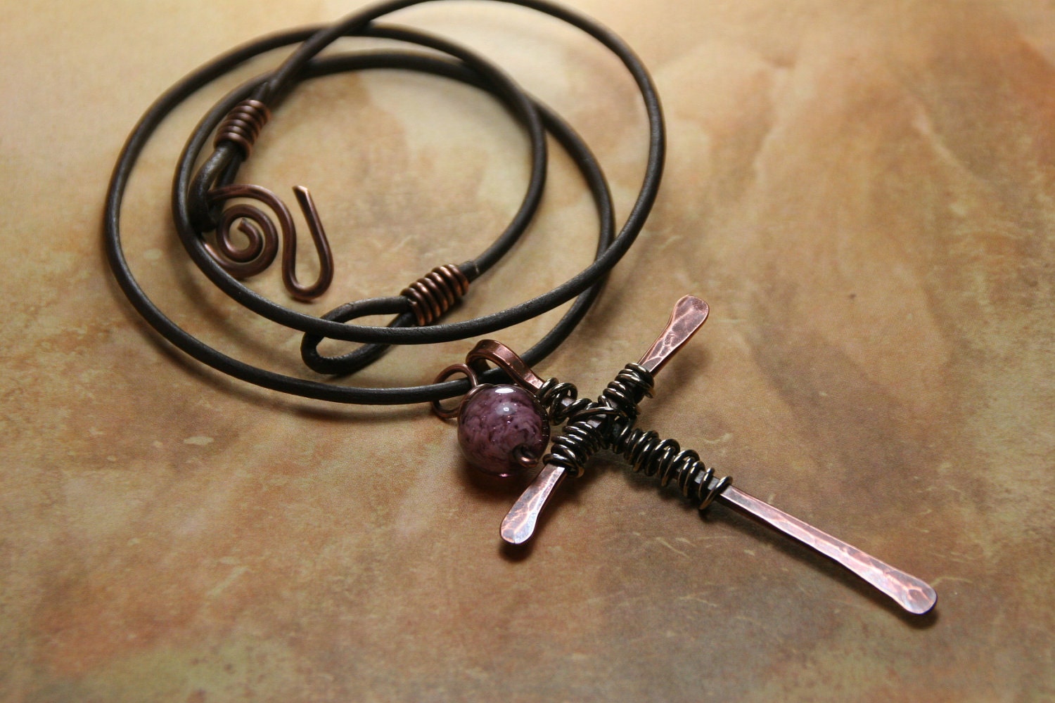 Hammered Copper Cross Wire Wrapped with Silver Pendant and Gemstone Dangle
