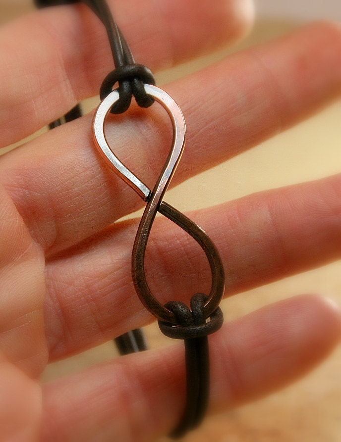 Handcrafted, Hammered Copper and Leather Infinity Bracelet, Adjustable and Unisex