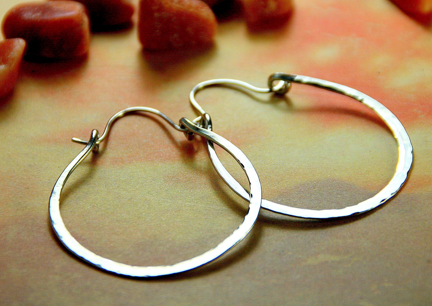 Simple Hammered Silver Hoops - Large