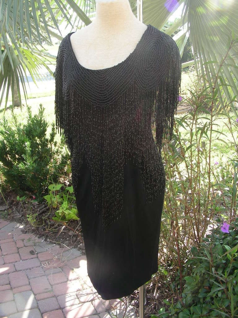 132 Vintage Yyonne Lafleur Black beaded fringe dress