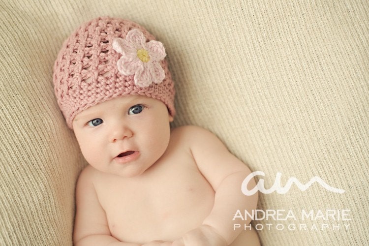 Crochet Pattern PDF - Textured Beanie with Daisy, Baby Hat, Sizes Preemie to Adult