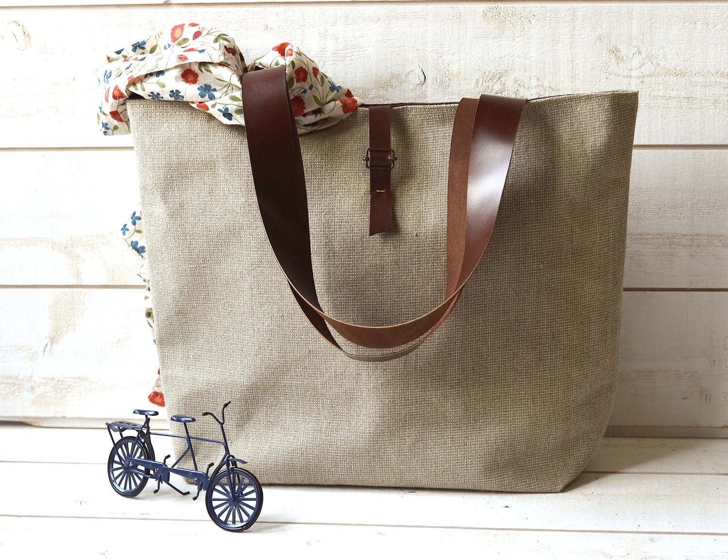 Eco friendly  ROT PROOF French tote bag  with Leather strap / Market tote with LINEN Fall Fashion / Made to order