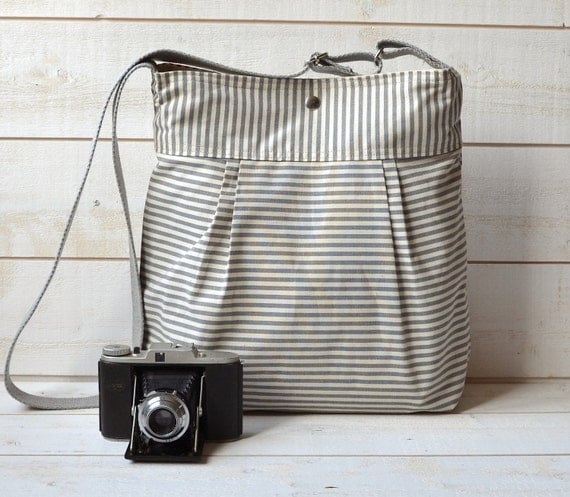 WATER PROOF Diaper bag Gray and Ecru French Ticking stripe bag purse  Pleated French Messenger - 10 Pockets  / Made to order
