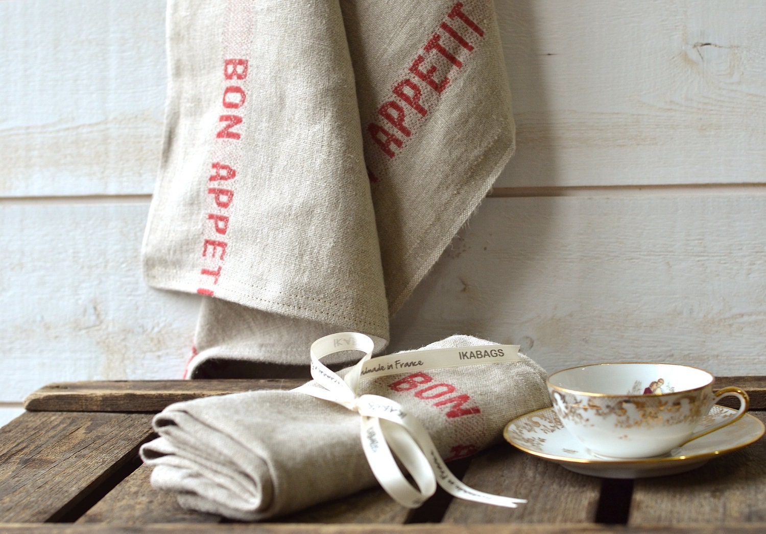 BON APPETIT RED French country 2 Linen Towels/ shabby chic kitchen /  as seen in Better Homes and Gardens