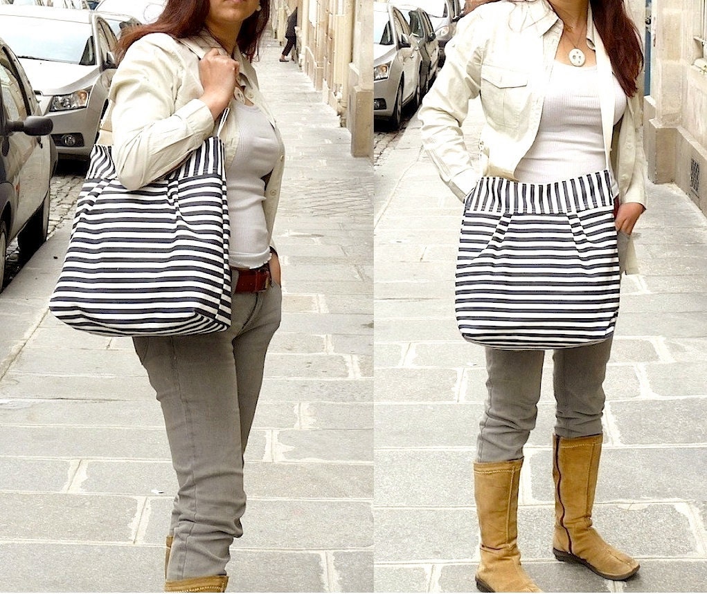 Water proof STOCKHOLM Diaper bag Gray and Ecru Ticking striped Pleated French Messenger - 10 Pockets