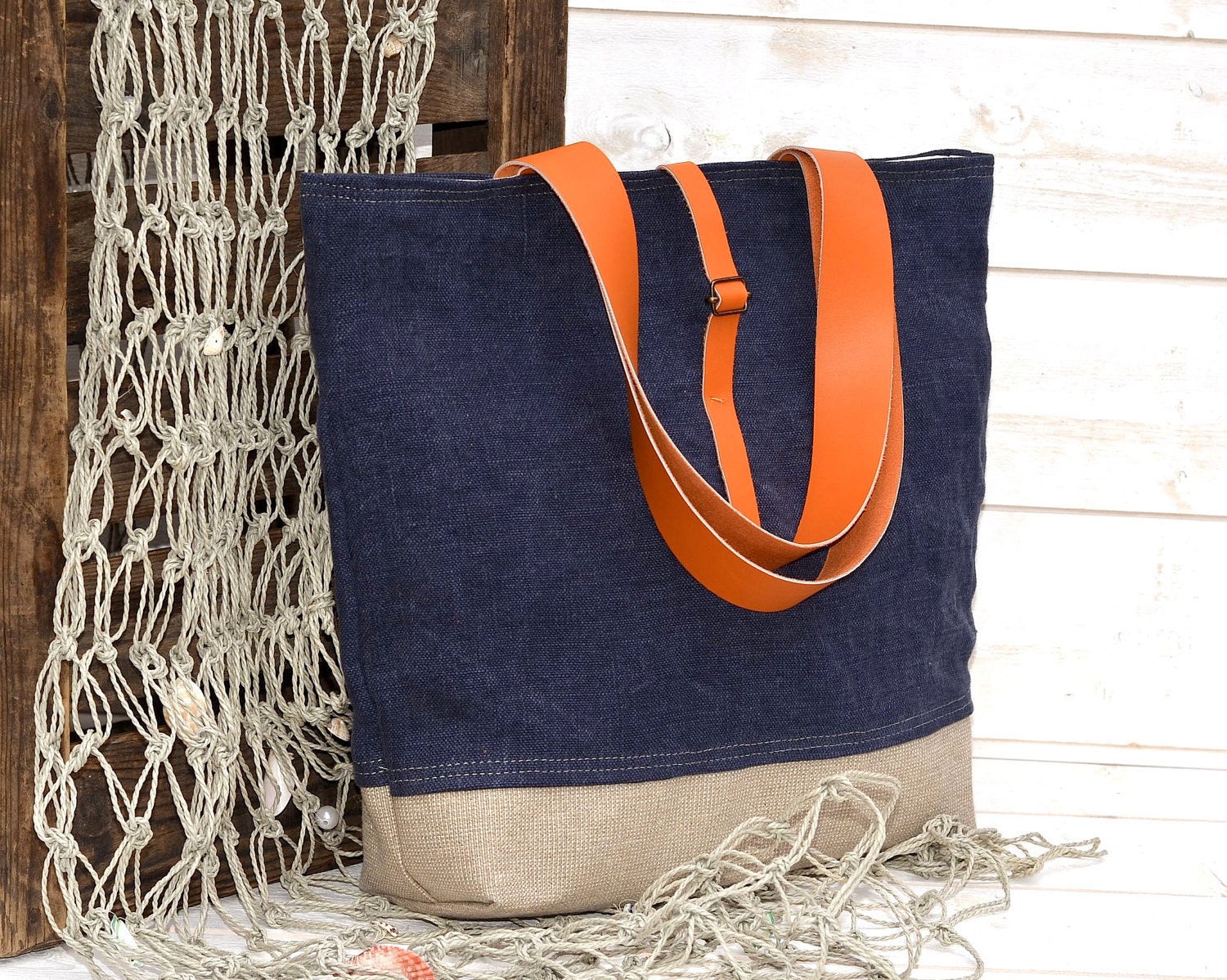Eco friendly ORGANIC LINEN Dark Indigo Large  French tote bag  with Orange Leather strap / Market tote Bag
