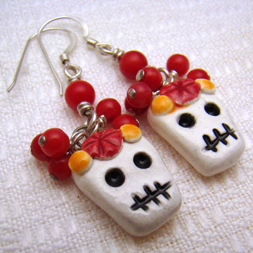 Day of the Dead Dia de los Muertos sugar skull charm earrings, sterling silver