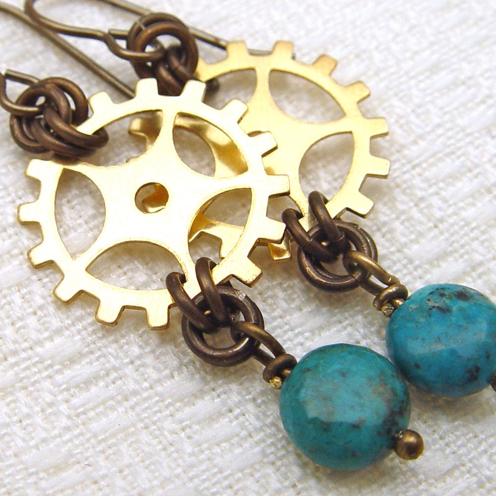 Steampunk gear earrings, chrysocolla beads