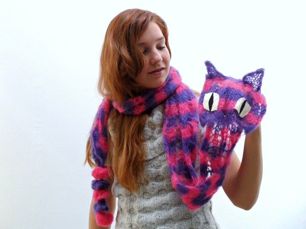 Pink Purple Striped Cheshire Cat Scarf - Hand knit mohair