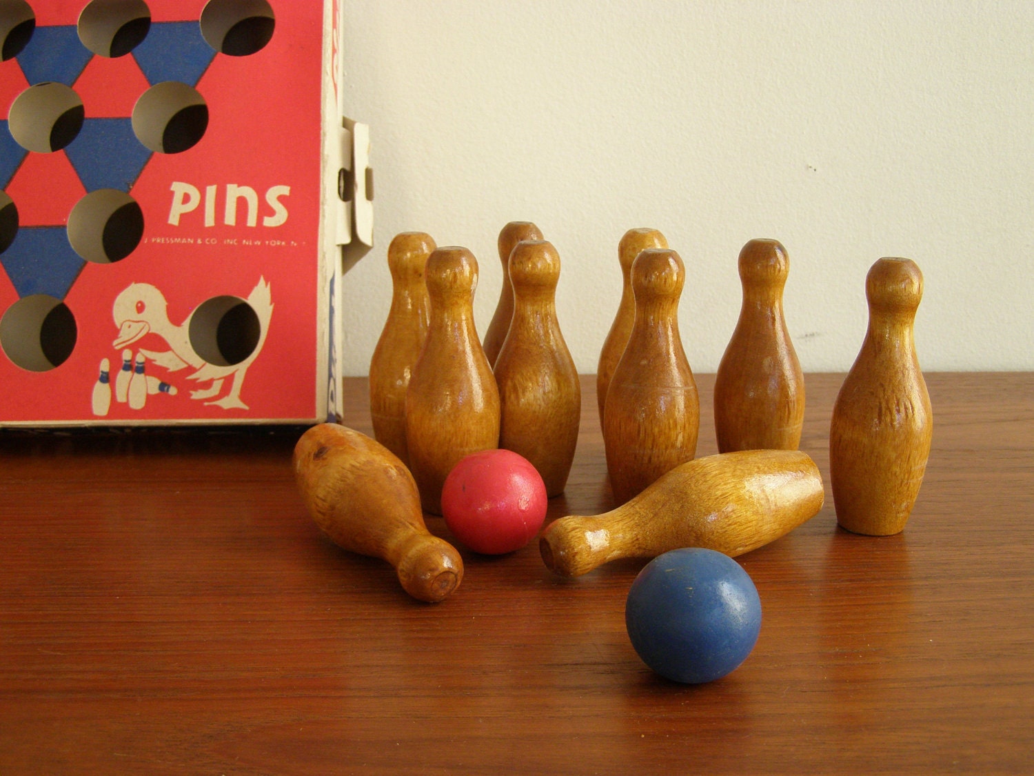 Vintage DUCK PINS Toy Bowling Set by J Pressman & Co NYC - Original Box - Ten Wooden Pins - Two Balls - play time or charming home decor