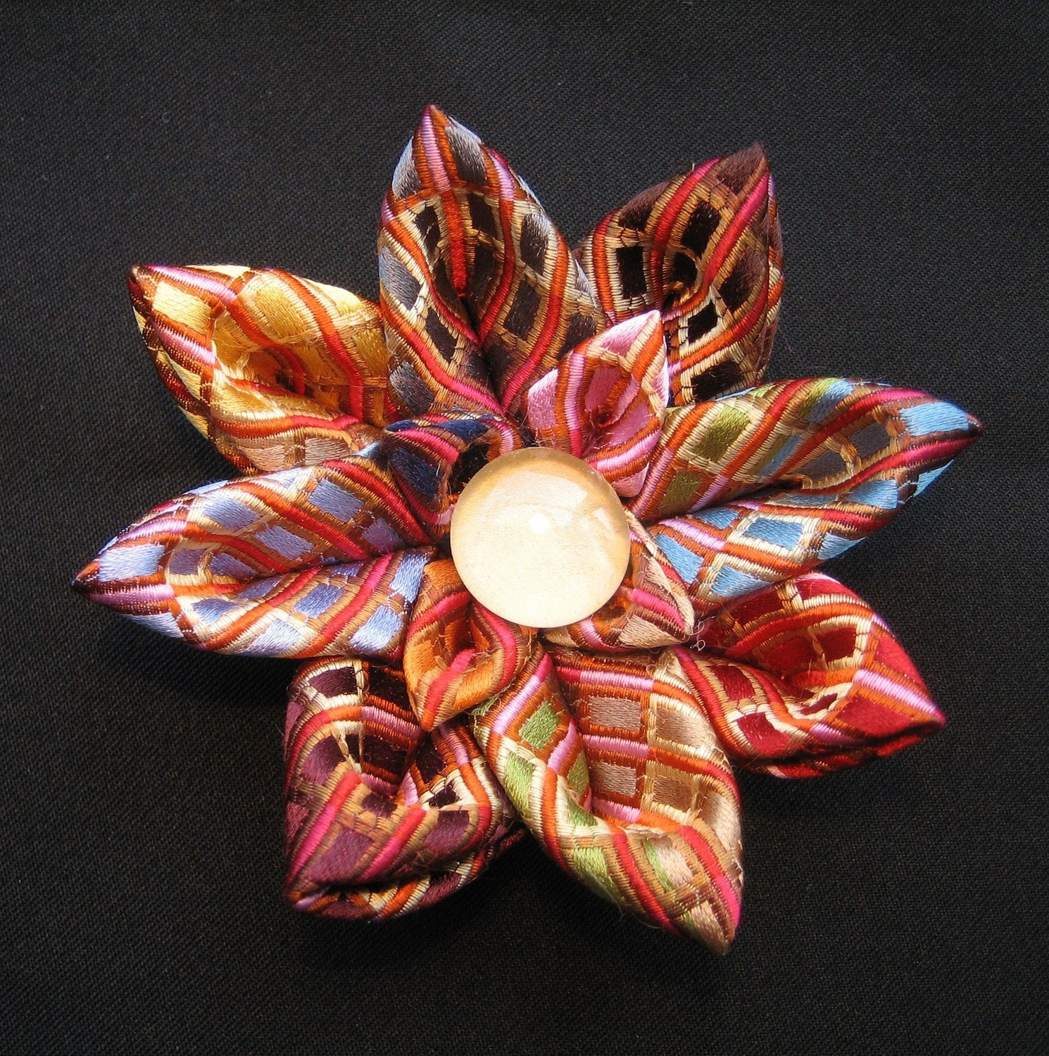 Kanzashi Flower Brooch or Hair Fascinator: Harlequin, Multi-Colored Silk Brocade SALE
