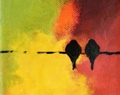Mini Lovebirds 3 - original oil painting , birds on a wire , 4x4 inch
