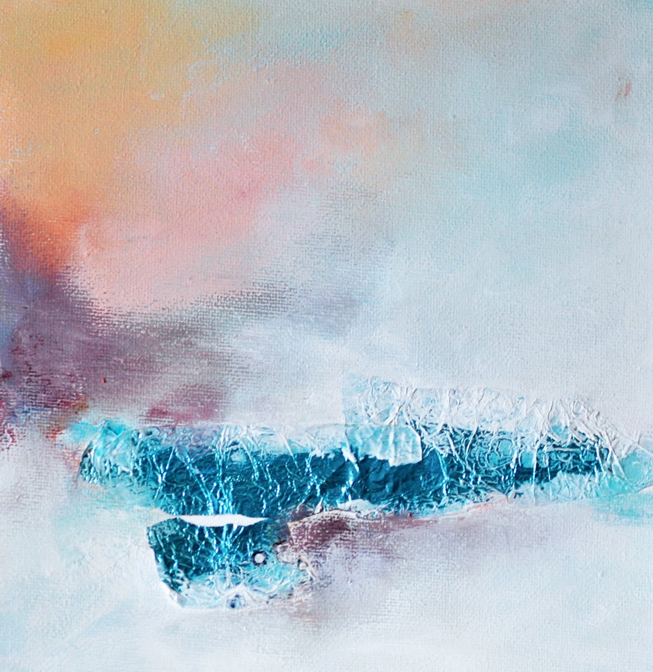 Abstract composition 5 , winter lake - mixed media - oil painting and metallic foil on canvas 8x8 inch