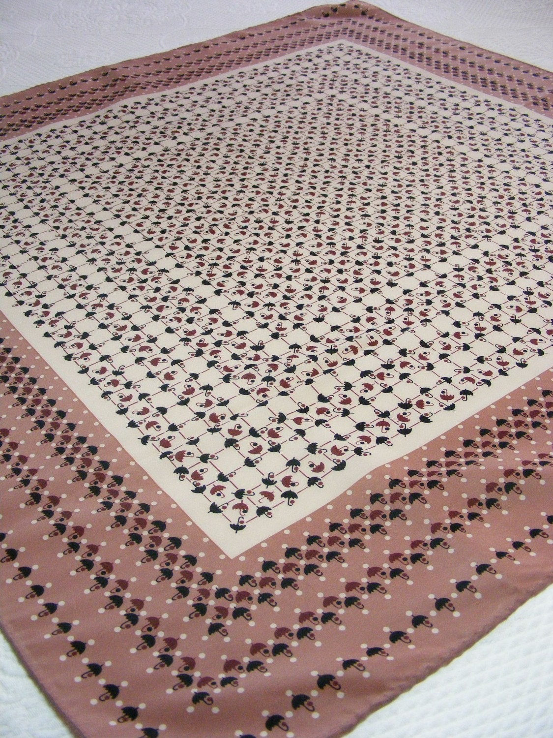 Vintage Scarf 70s TINY UMBRELLAS Totes Rain April Showers - Mauve, Black, Ivory