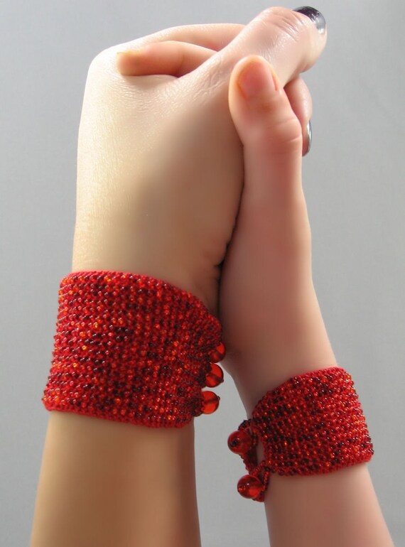 Bead Knit Cuff Bracelets. Mother Daughter Matching Set. Red Fire