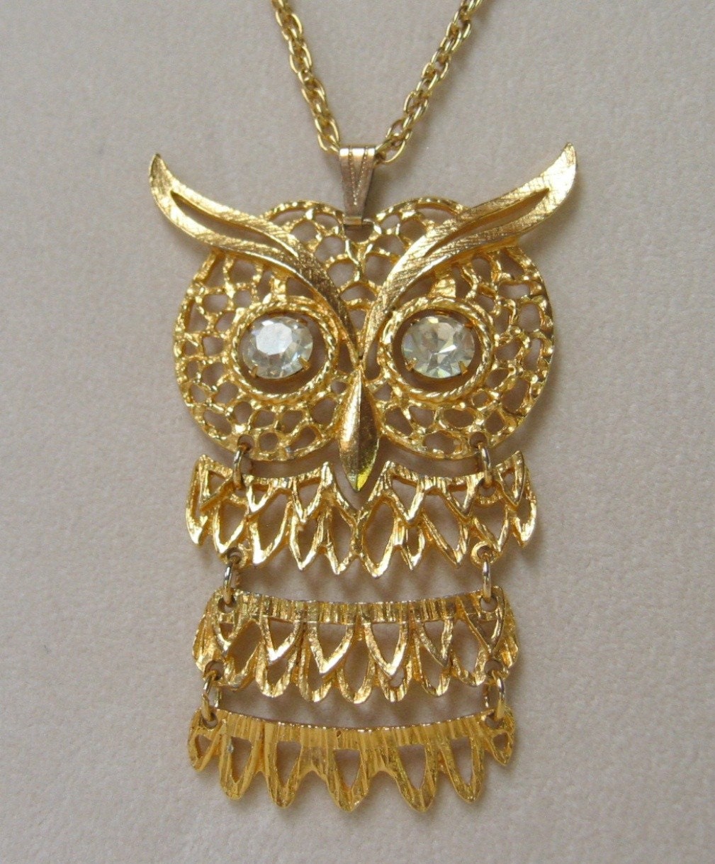 Vintage Rhinestone Owl Pendant Necklace