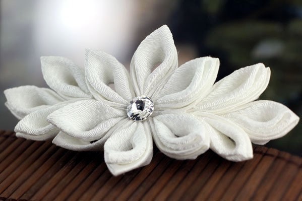 White Kanzashi Flower: Bridal Hair Accessories, Large Barrette - Snow Blossom