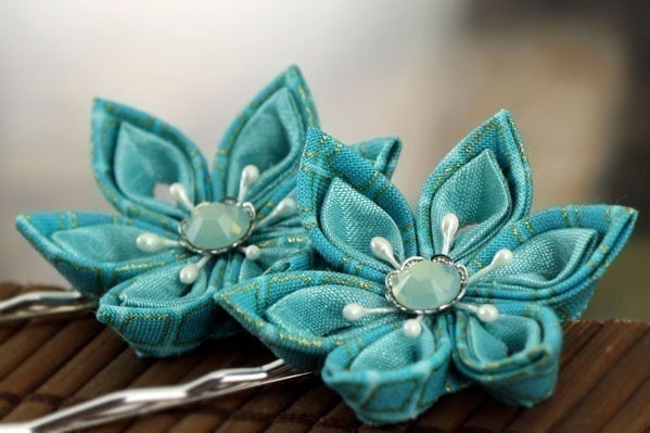 Bobby Pin Set: Wedding Flowers for Hair, Silk and Fabric Teal Kanzashi - Sashiko Stars