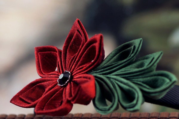 Headband: Kanzashi Style Hair Flower, Red and Green Silk - Rambling Rose