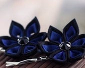 Japanese Silk Flowers: Hair Bobby Pins, Blue and Black Kanzashi - Blue Nile