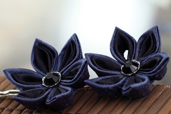 Flower Bobby Pins: Kanzashi Hair, Geisha, Blue and Black Silk - Night Storm