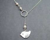Bird Necklace 'Eleanor' Lariat Style Sterling Silver with White Swarovski Pearls