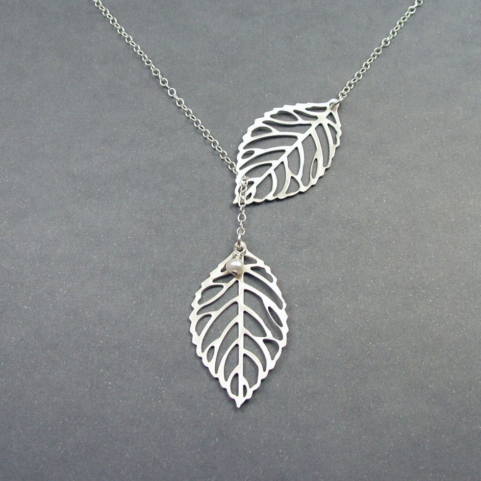 Double Leaf Necklace, Leaf Lariat Necklace, Sterling Silver Chain, Leaf Jewelry with Freshwater Pearl