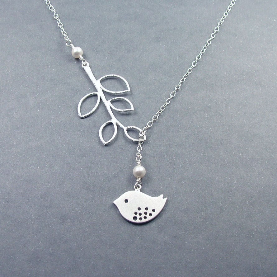 Bird and Branch Lariat Necklace 'Lydia' with Sterling Silver and White Swarovski Pearls, perfect bridesmaid gift