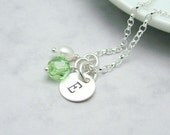 Initial Necklace, Personalized Sterling Silver Initial Charm  with Peridot Crystal, August Birthstone, Bridesmaid jewelry