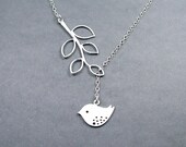 Bird Necklace with Branch 'Melody' - Bird Lariat, Sterling Silver Chain