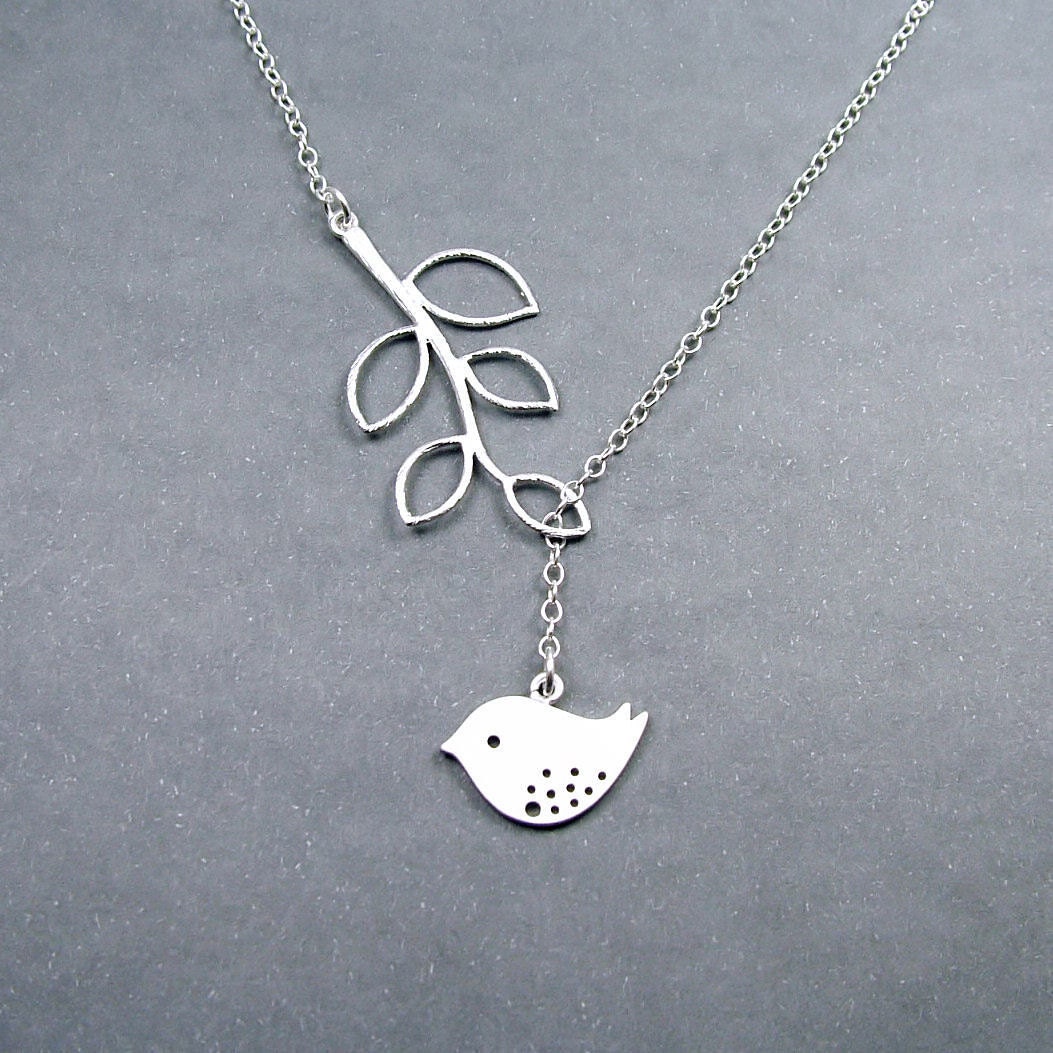 Bird Necklace with Branch 'Melody' - Bird Lariat, Sterling Silver Chain