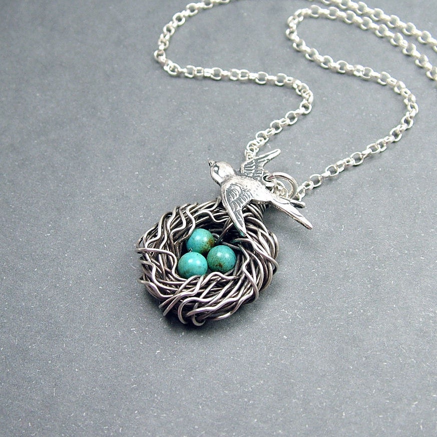 Reserved for Mary - Bird Nest Necklace Sterling Silver and Turquoise