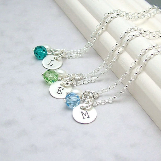 Set of 3 - Personalized Bridesmaid Necklace Gift Set, Custom Initial Necklace, Swarovski Birthstone Crystal, Sterling Silver