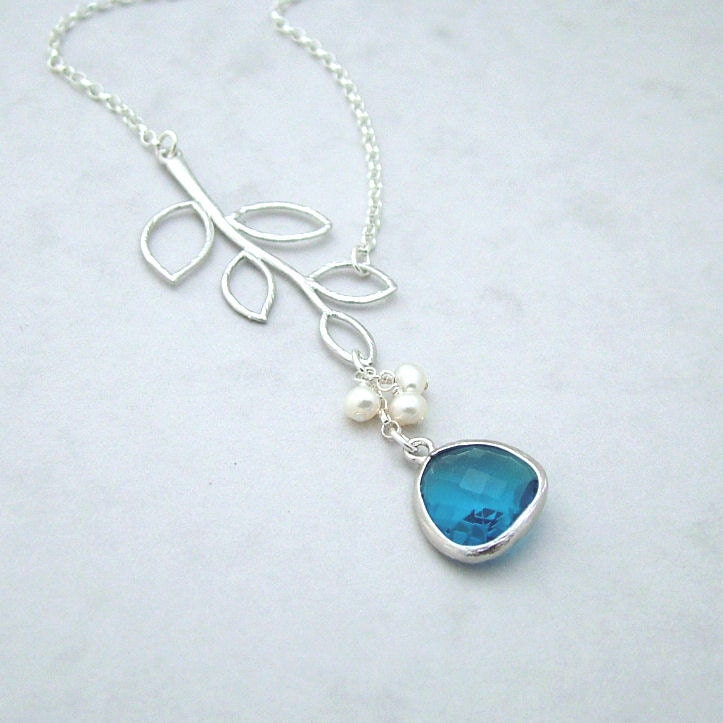 Branch Necklace - 'Florence Lagoon Blue'  Glass Drop, Freshwater Pearls and Sterling Silver Chain, Wedding, Blue Necklace